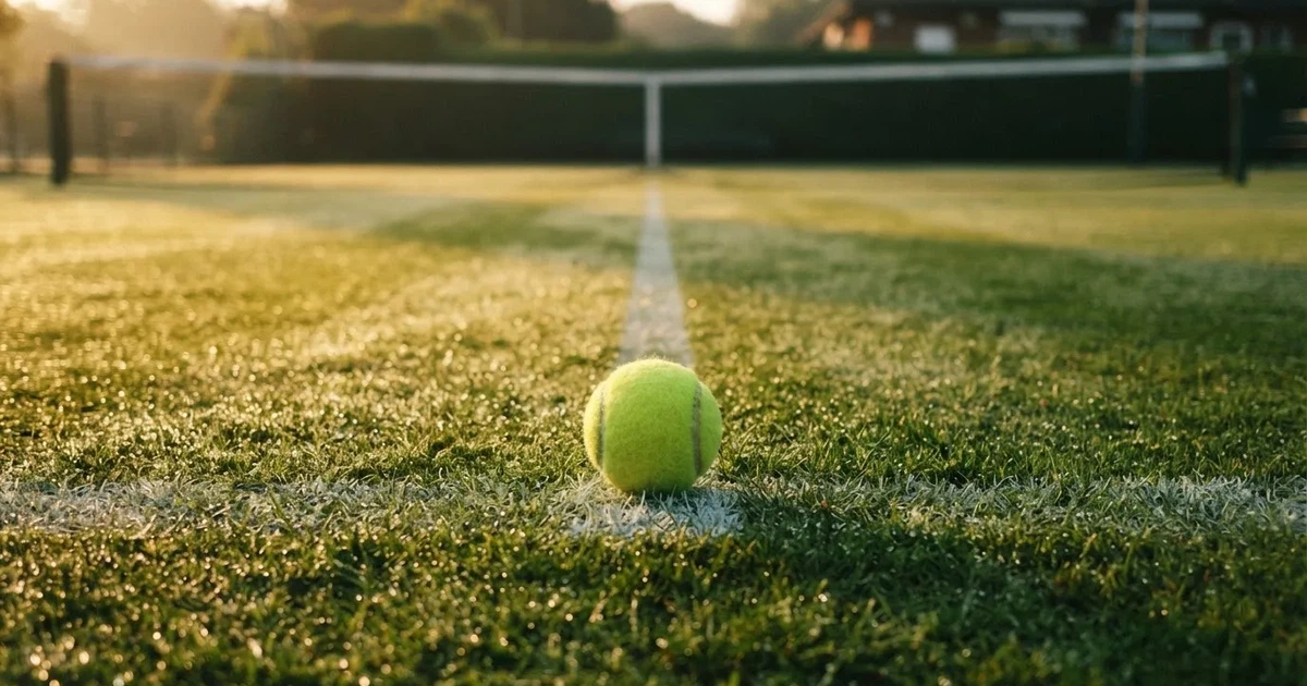 A ball on the centre spot of a grass pitch in morning light