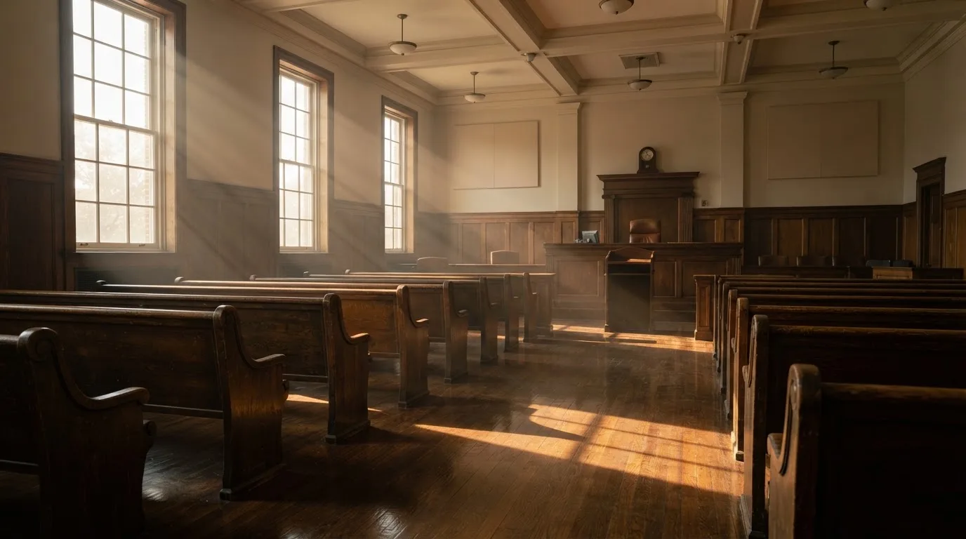 An empty courtroom with wooden benches in morning light