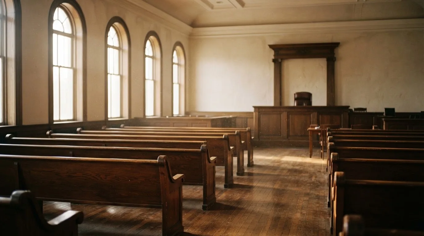 An empty courtroom with wooden benches in morning light