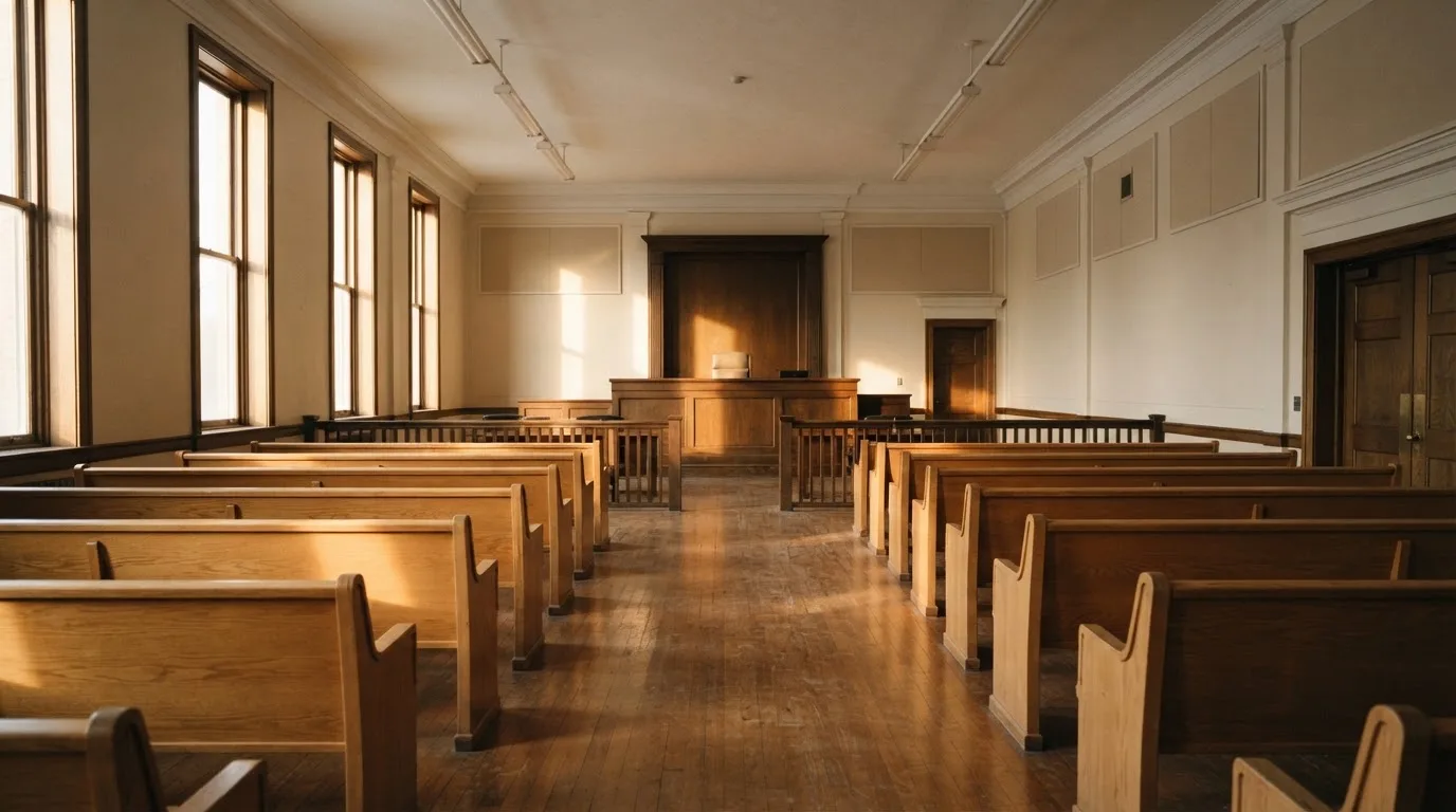 An empty courtroom with wooden benches in morning light