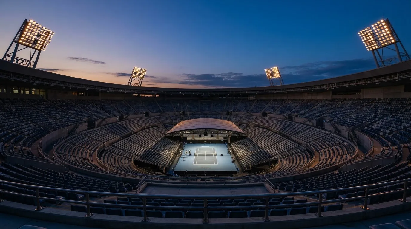 An empty football stadium with floodlight masts at dusk