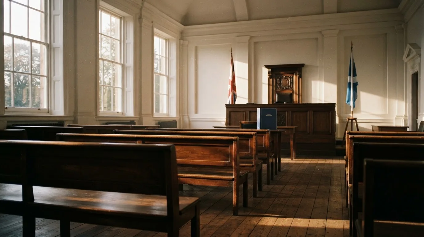 An empty courtroom with wooden benches in morning light