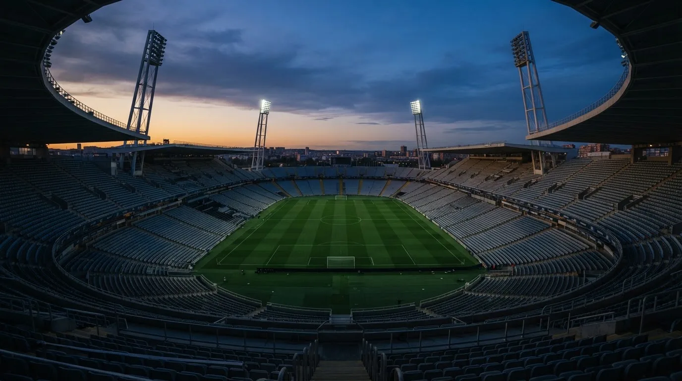 An empty football stadium with floodlight masts at dusk