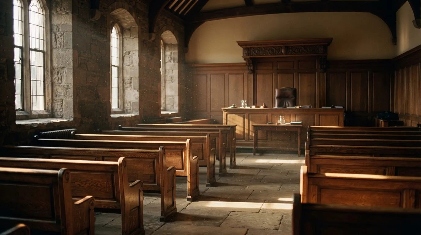 An empty courtroom with wooden benches in morning light