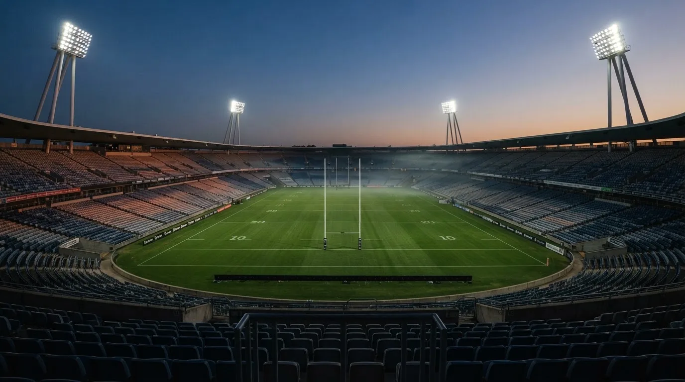 An empty football stadium with floodlight masts at dusk