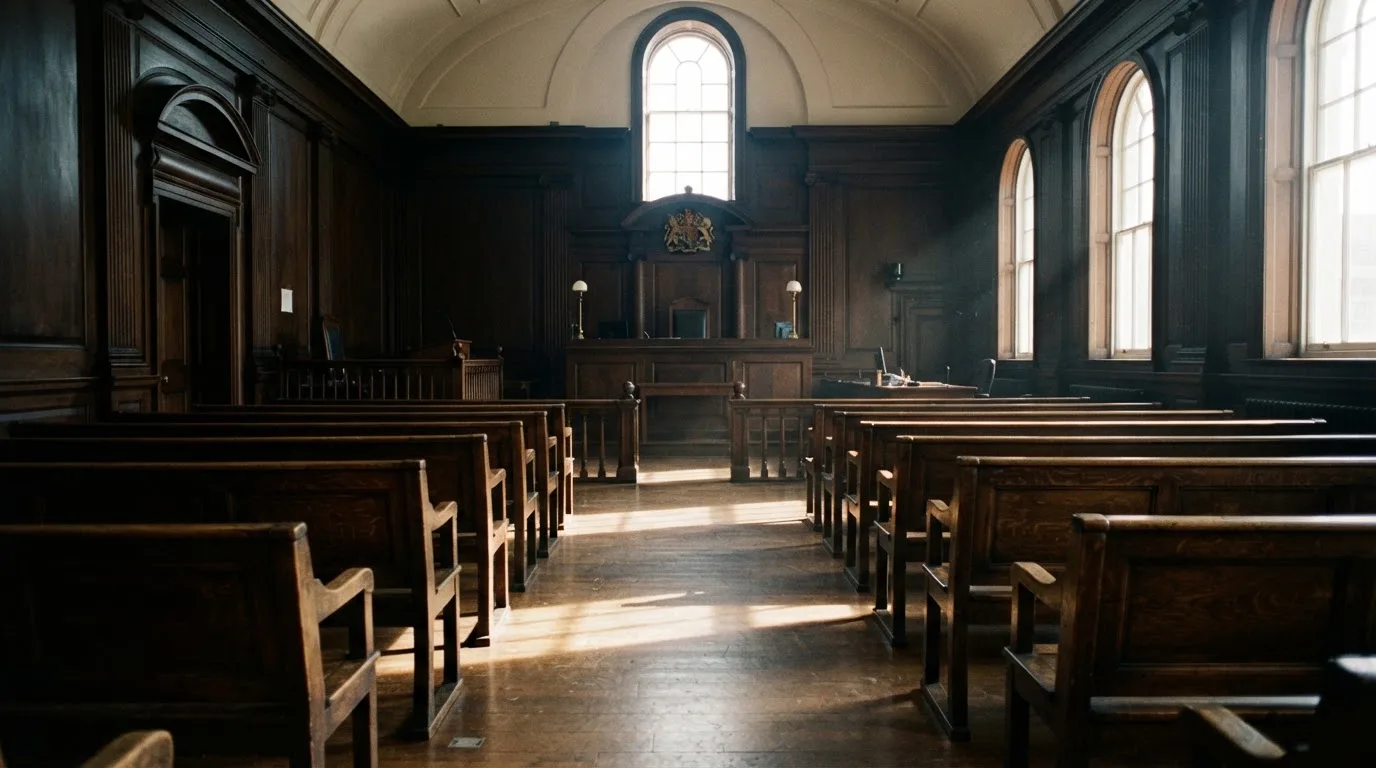 An empty courtroom with wooden benches in morning light