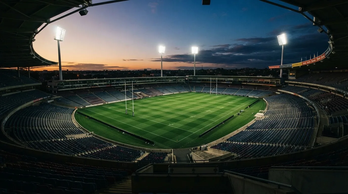 An empty football stadium with floodlight masts at dusk