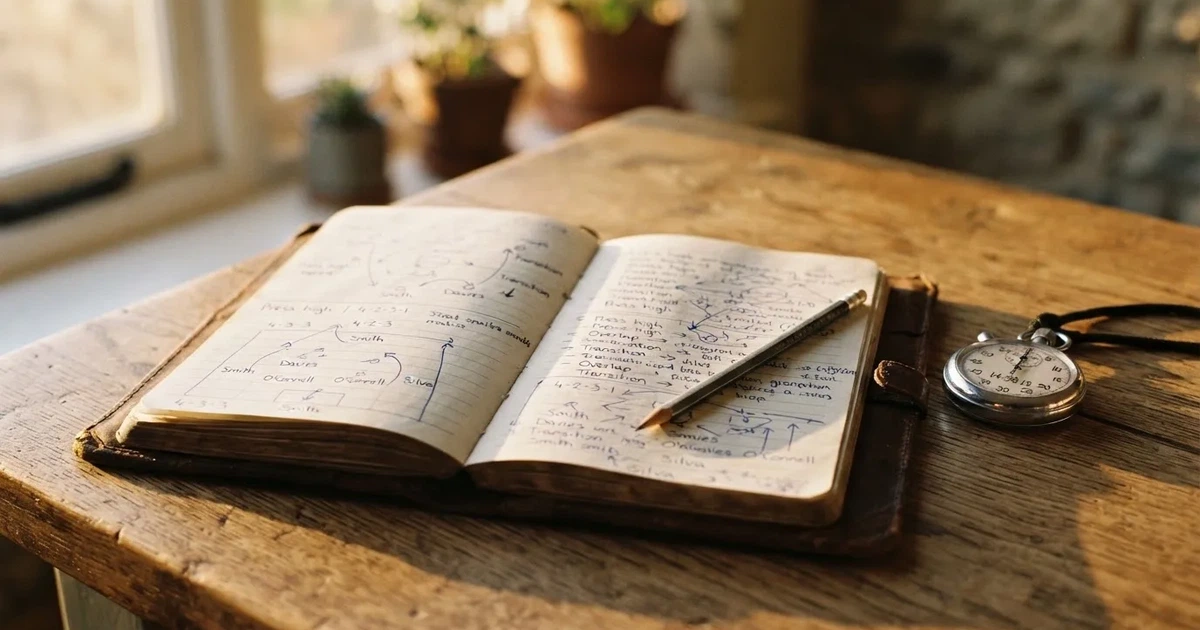An open notebook with a pencil and a stopwatch on a wooden table