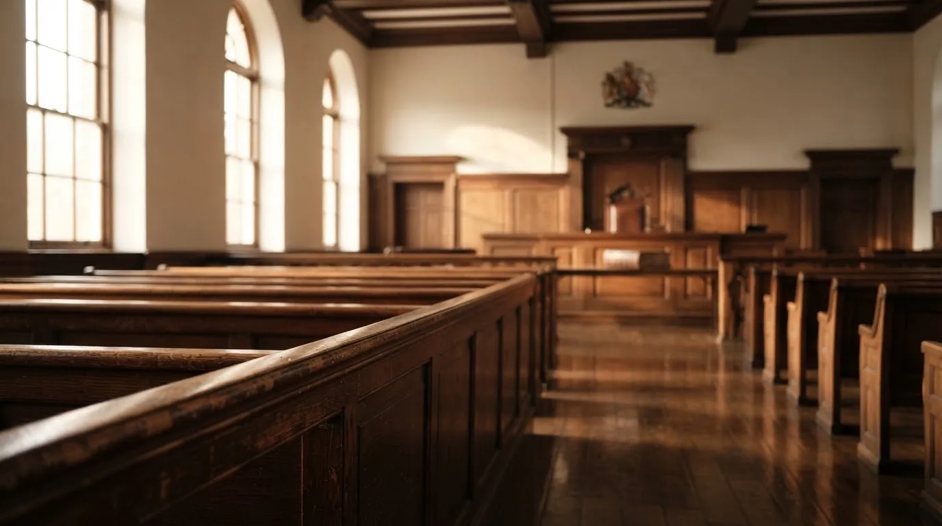 An empty courtroom with wooden benches in morning light