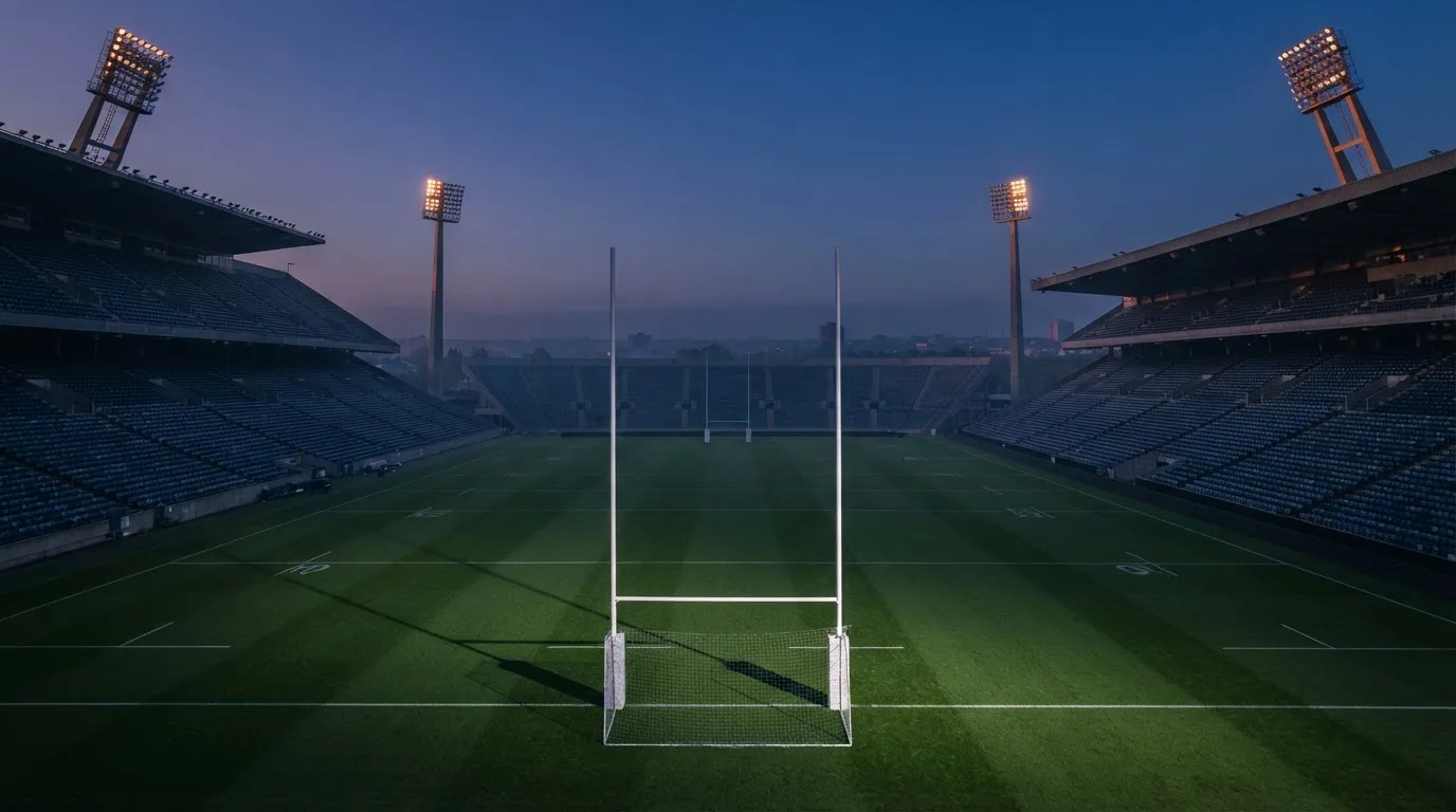 An empty football stadium with floodlight masts at dusk