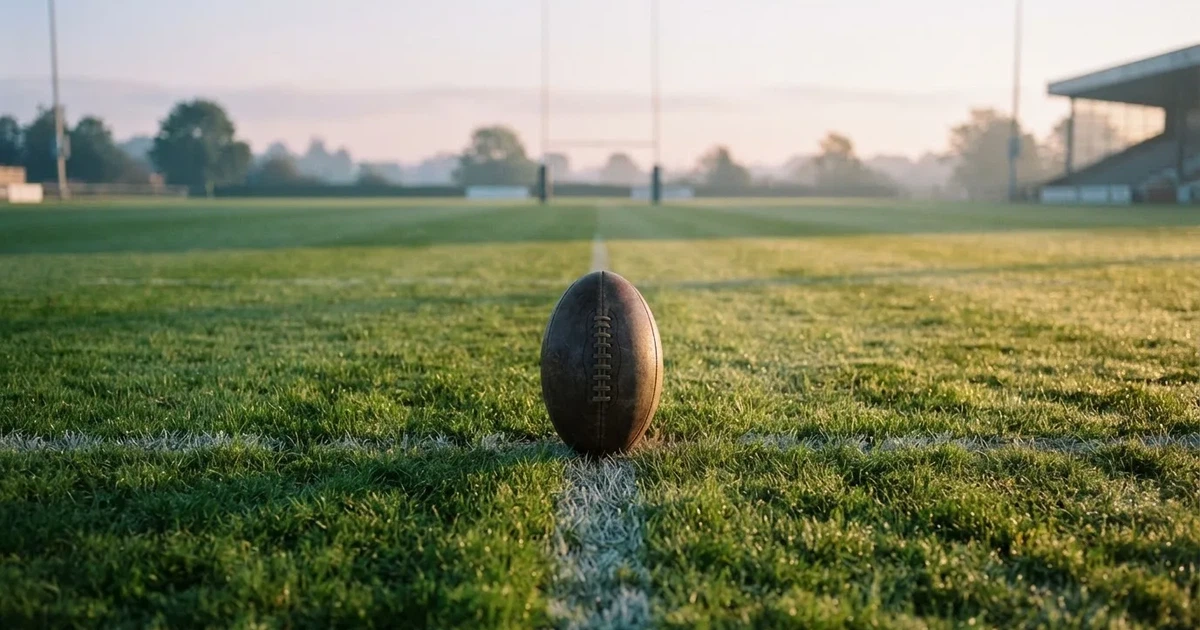 A ball on the centre spot of a grass pitch in morning light