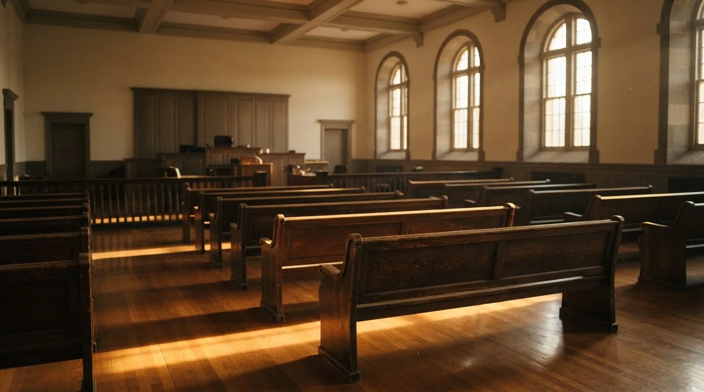 An empty courtroom with wooden benches in morning light