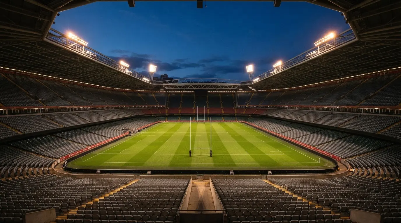 An empty football stadium with floodlight masts at dusk