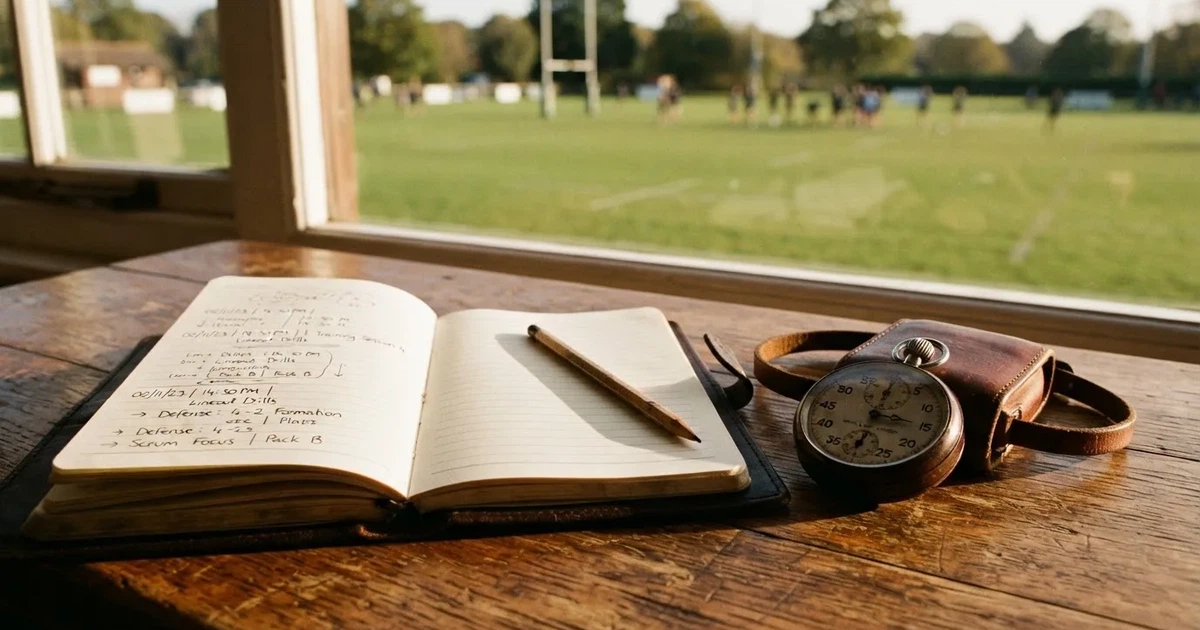 An open notebook with a pencil and a stopwatch on a wooden table