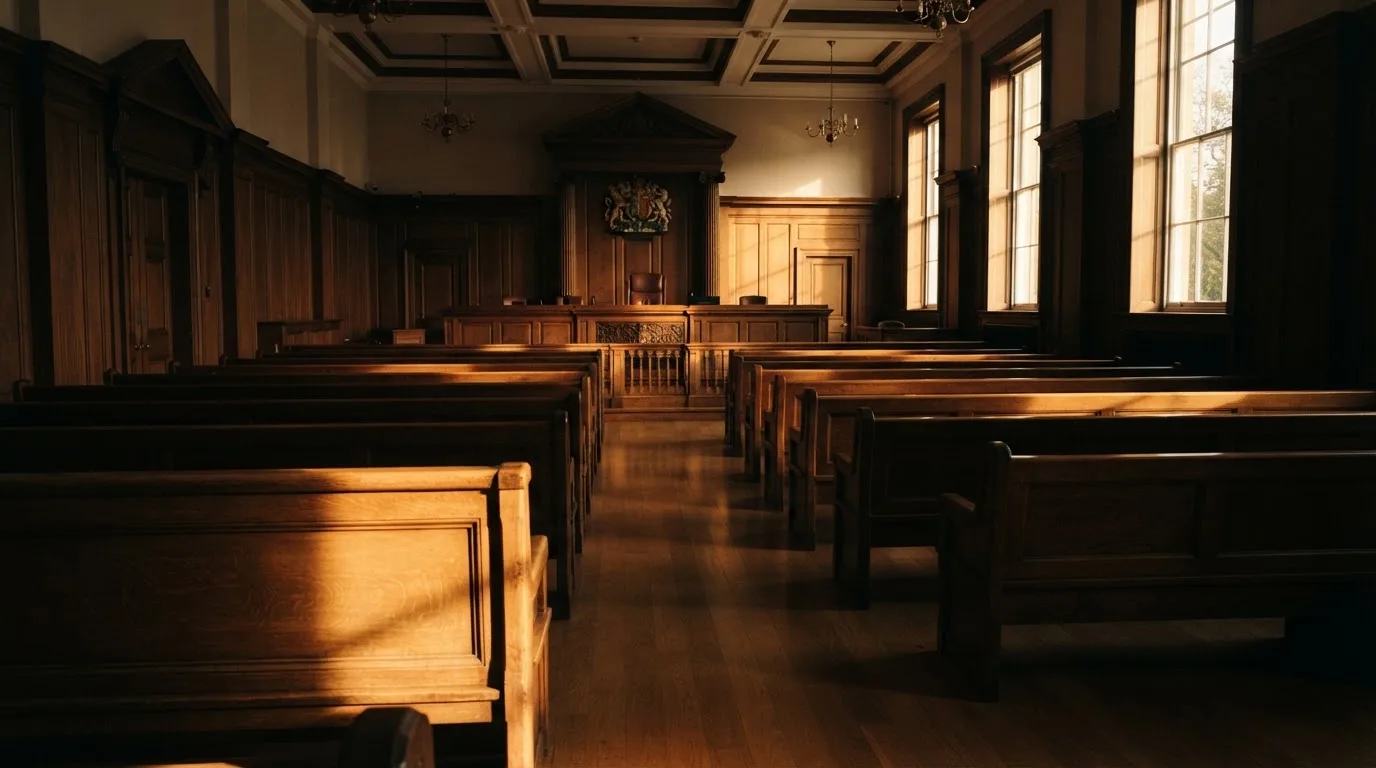 An empty courtroom with wooden benches in morning light