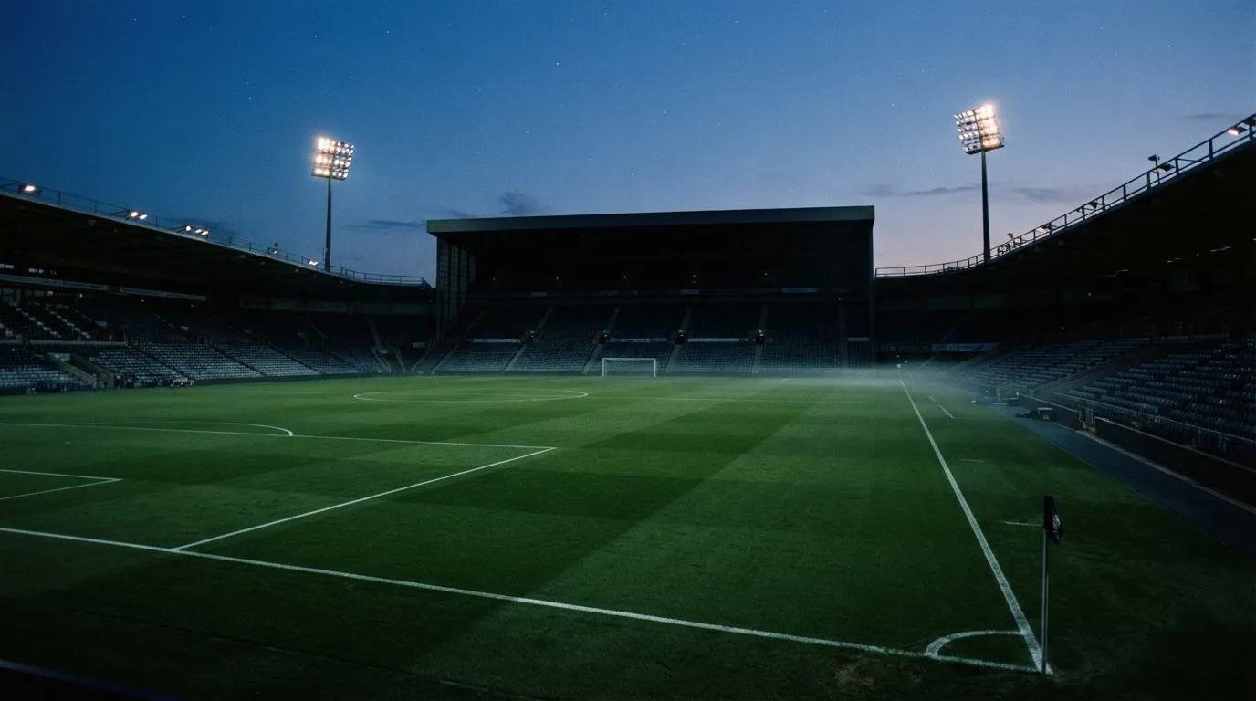 An empty football stadium with floodlight masts at dusk