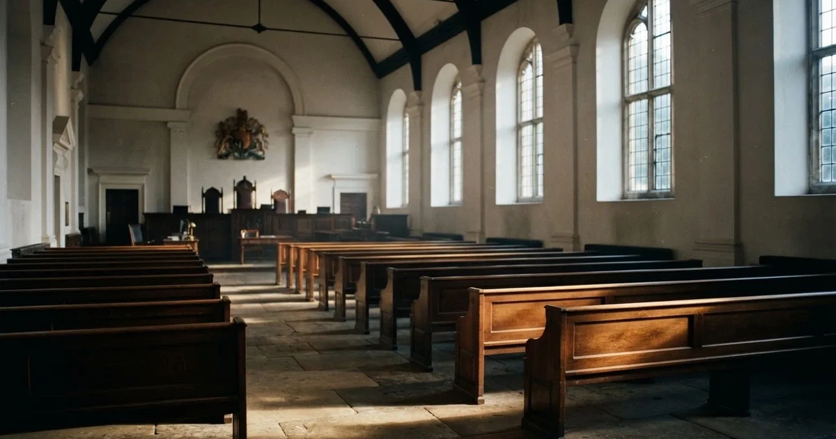 An empty courtroom with wooden benches in morning light