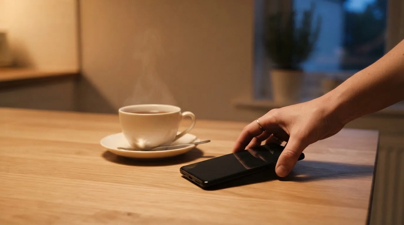 A hand setting a smartphone down beside a cup of tea on a kitchen table on a quiet evening