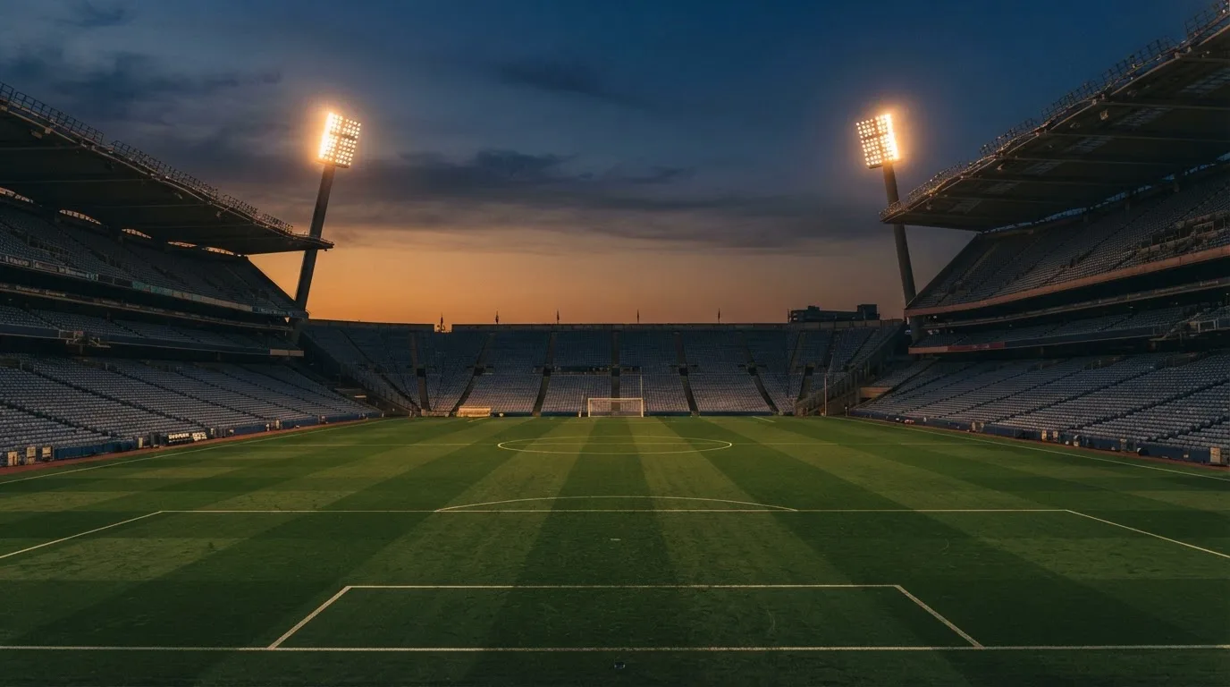 An empty football stadium with floodlight masts at dusk