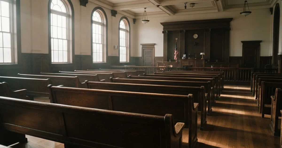 An empty courtroom with wooden benches in morning light