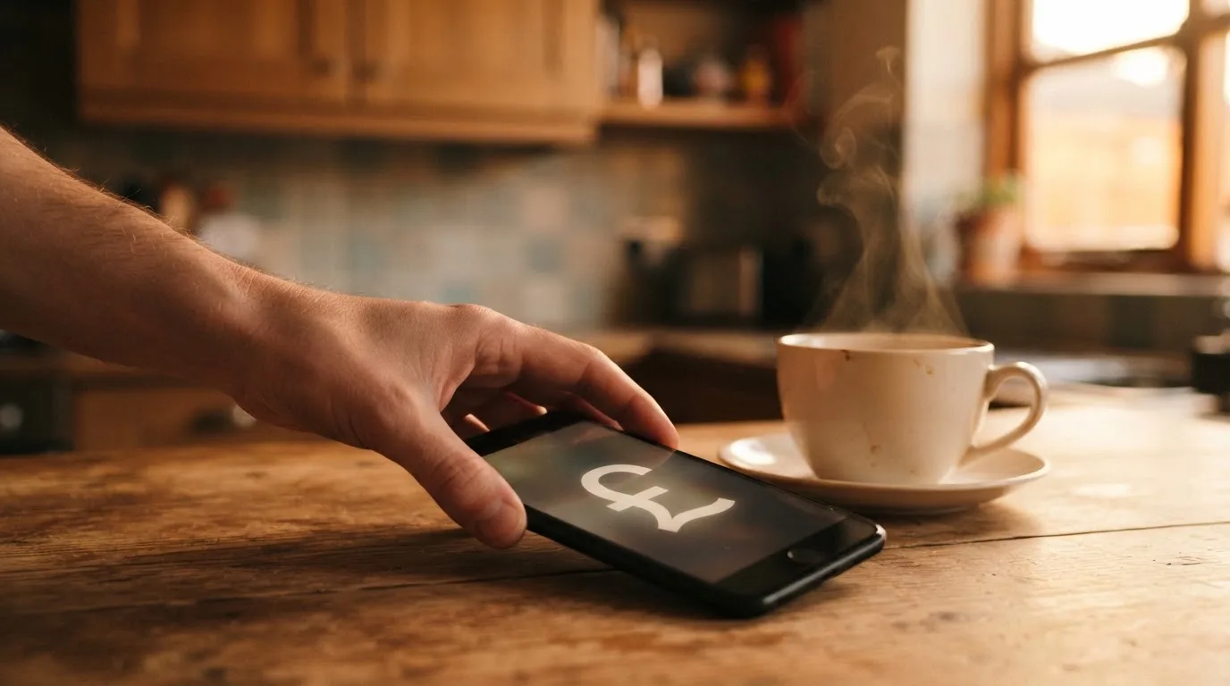 A hand setting a smartphone down beside a cup of tea on a kitchen table on a quiet evening