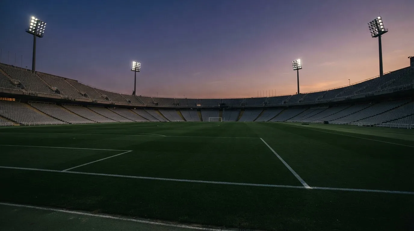 An empty football stadium with floodlight masts at dusk
