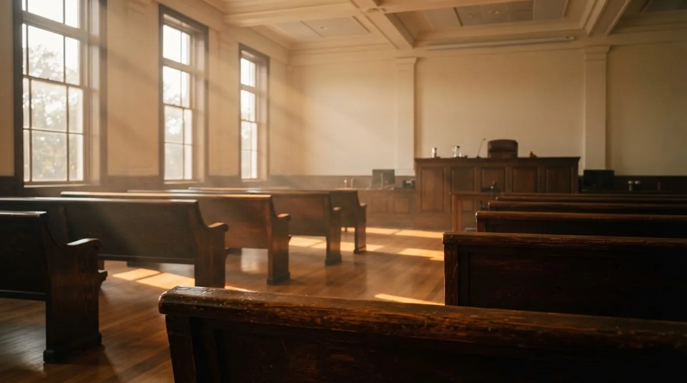 An empty courtroom with wooden benches in morning light