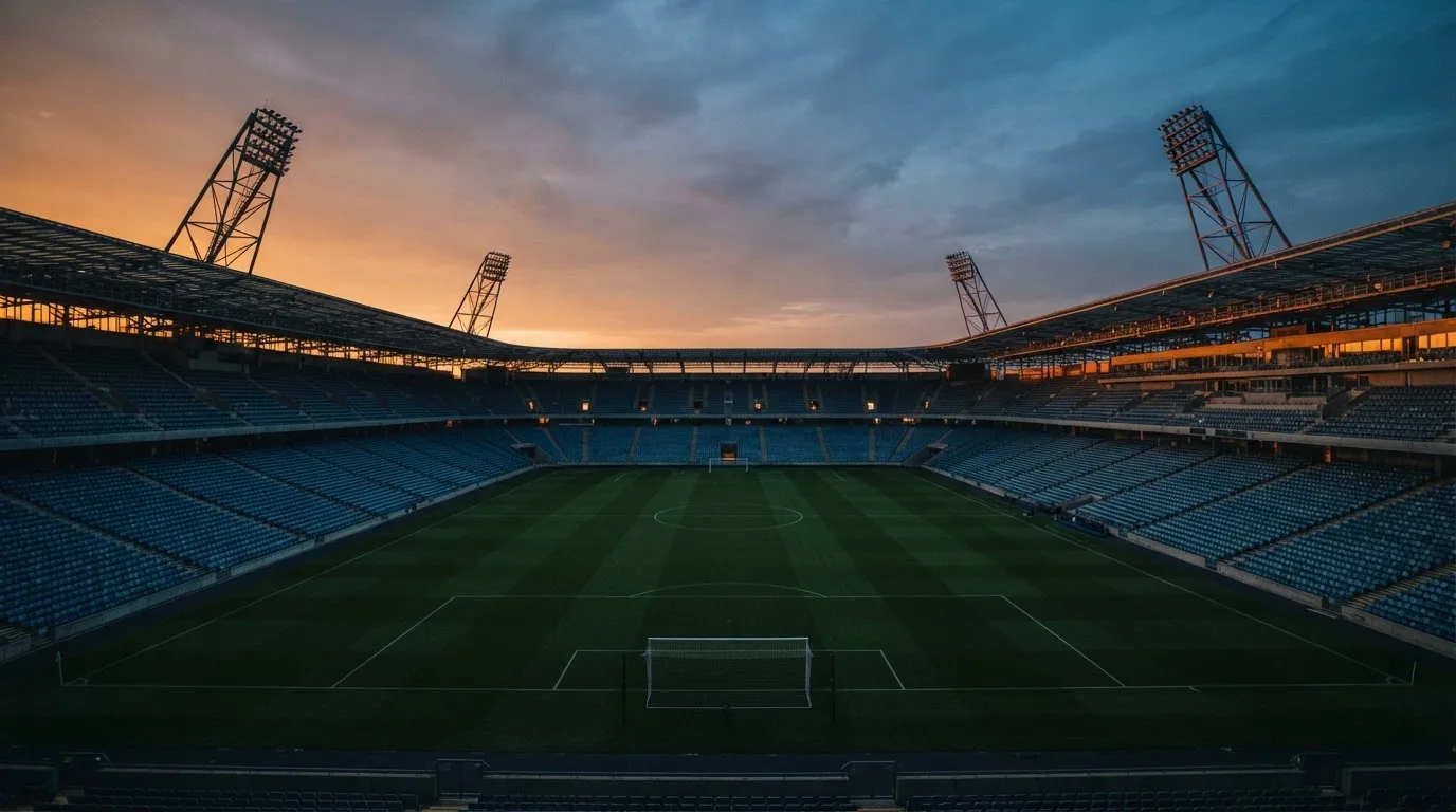 An empty football stadium with floodlight masts at dusk