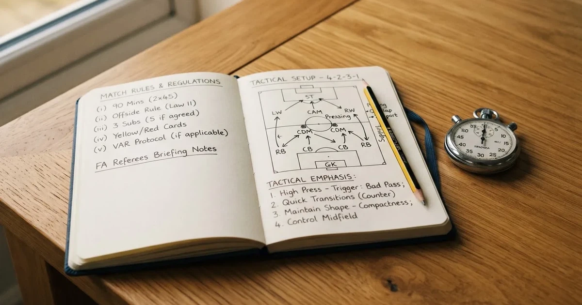 An open notebook with a pencil and a stopwatch on a wooden table