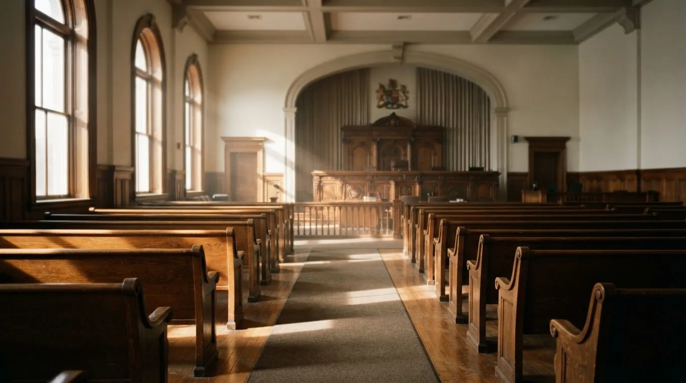 An empty courtroom with wooden benches in morning light