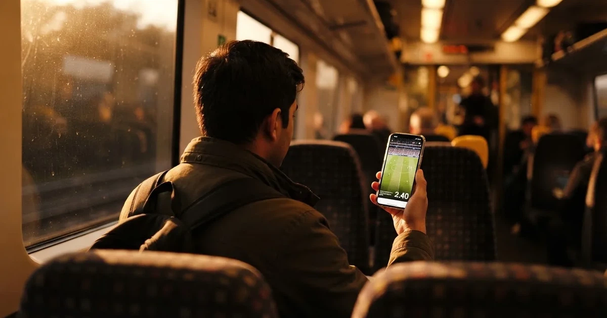 A hand holding a smartphone on a train in the evening, screen turned away