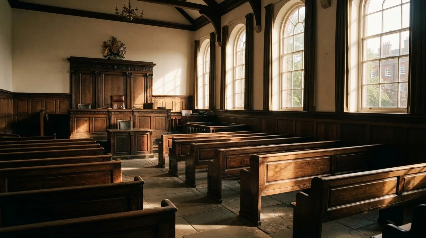 An empty courtroom with wooden benches in morning light