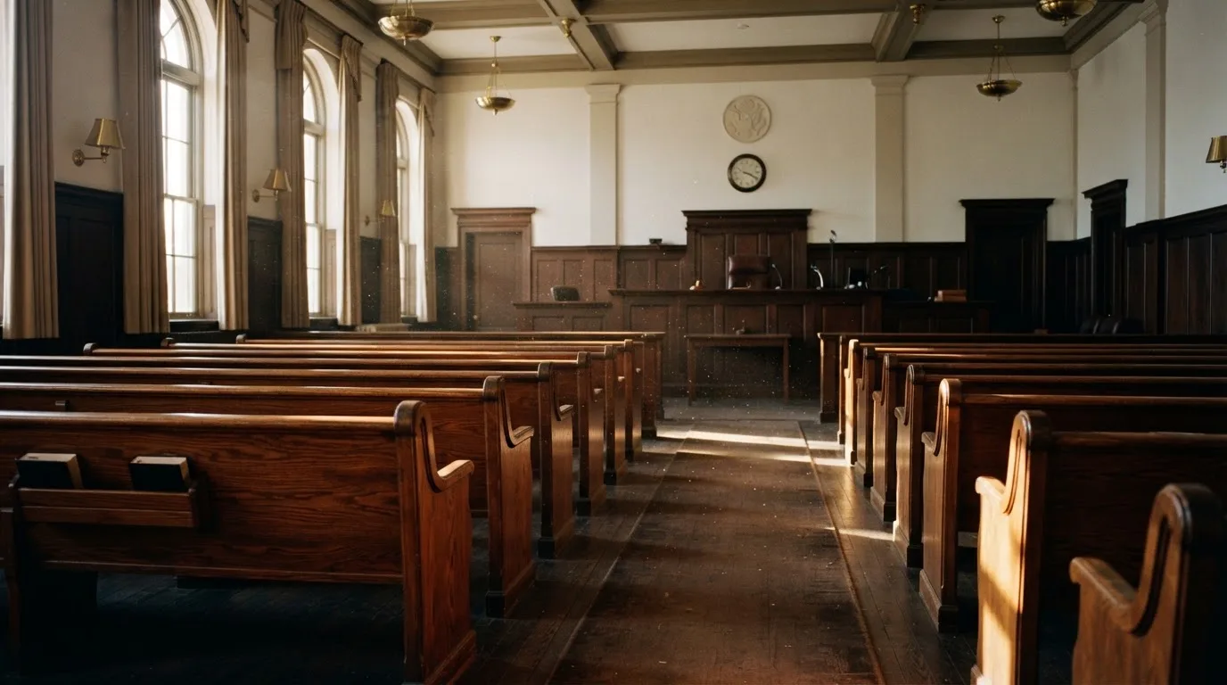 An empty courtroom with wooden benches in morning light