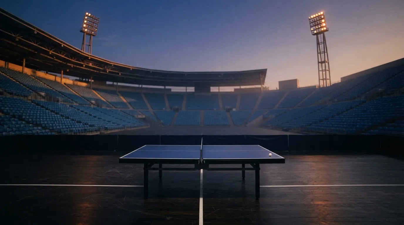 An empty football stadium with floodlight masts at dusk