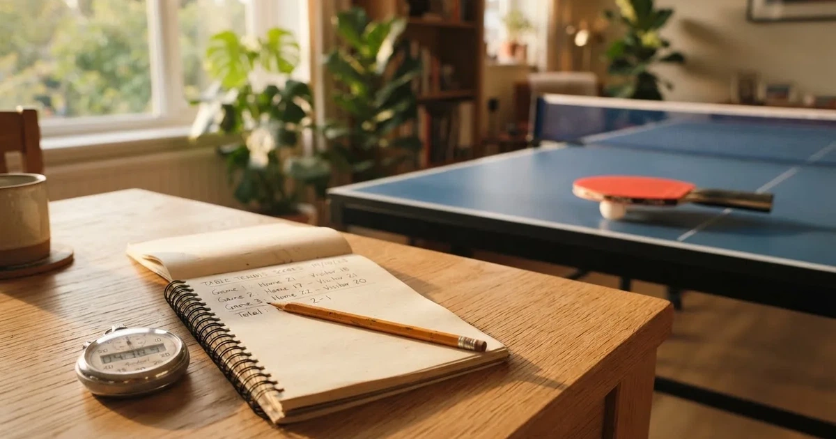 An open notebook with a pencil and a stopwatch on a wooden table