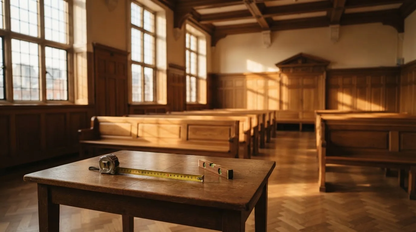 An empty courtroom with wooden benches in morning light