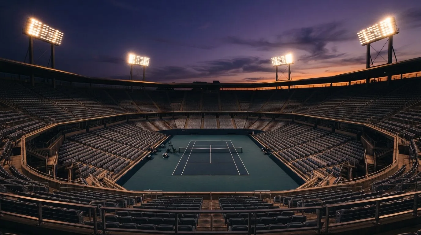 An empty football stadium with floodlight masts at dusk