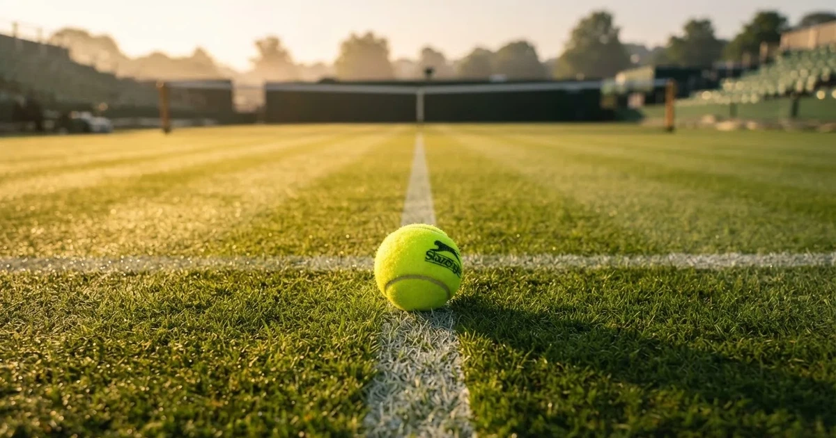A ball on the centre spot of a grass pitch in morning light