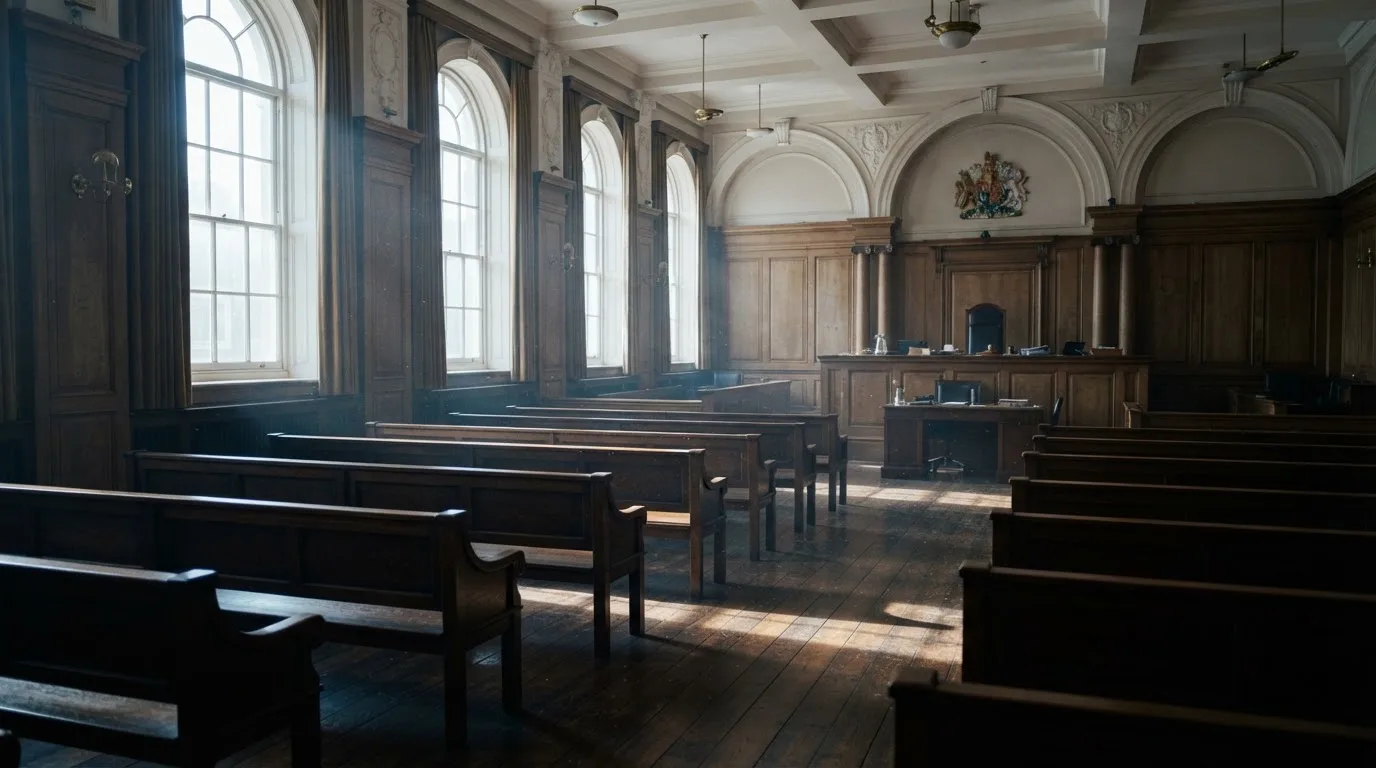 An empty courtroom with wooden benches in morning light