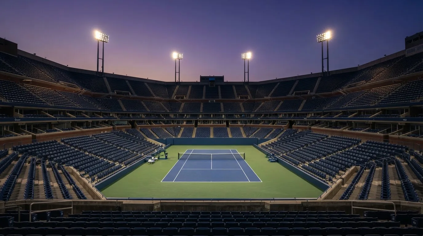 An empty football stadium with floodlight masts at dusk