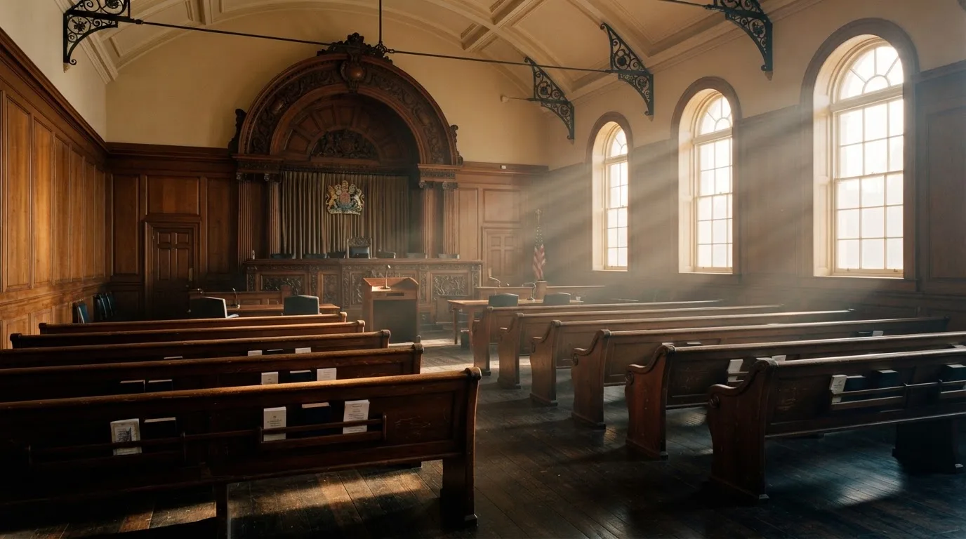 An empty courtroom with wooden benches in morning light