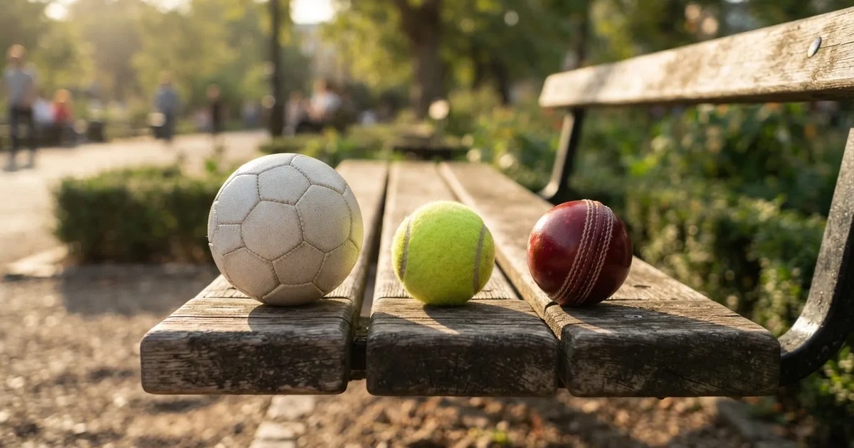 Three balls of different kinds side by side on a wooden bench