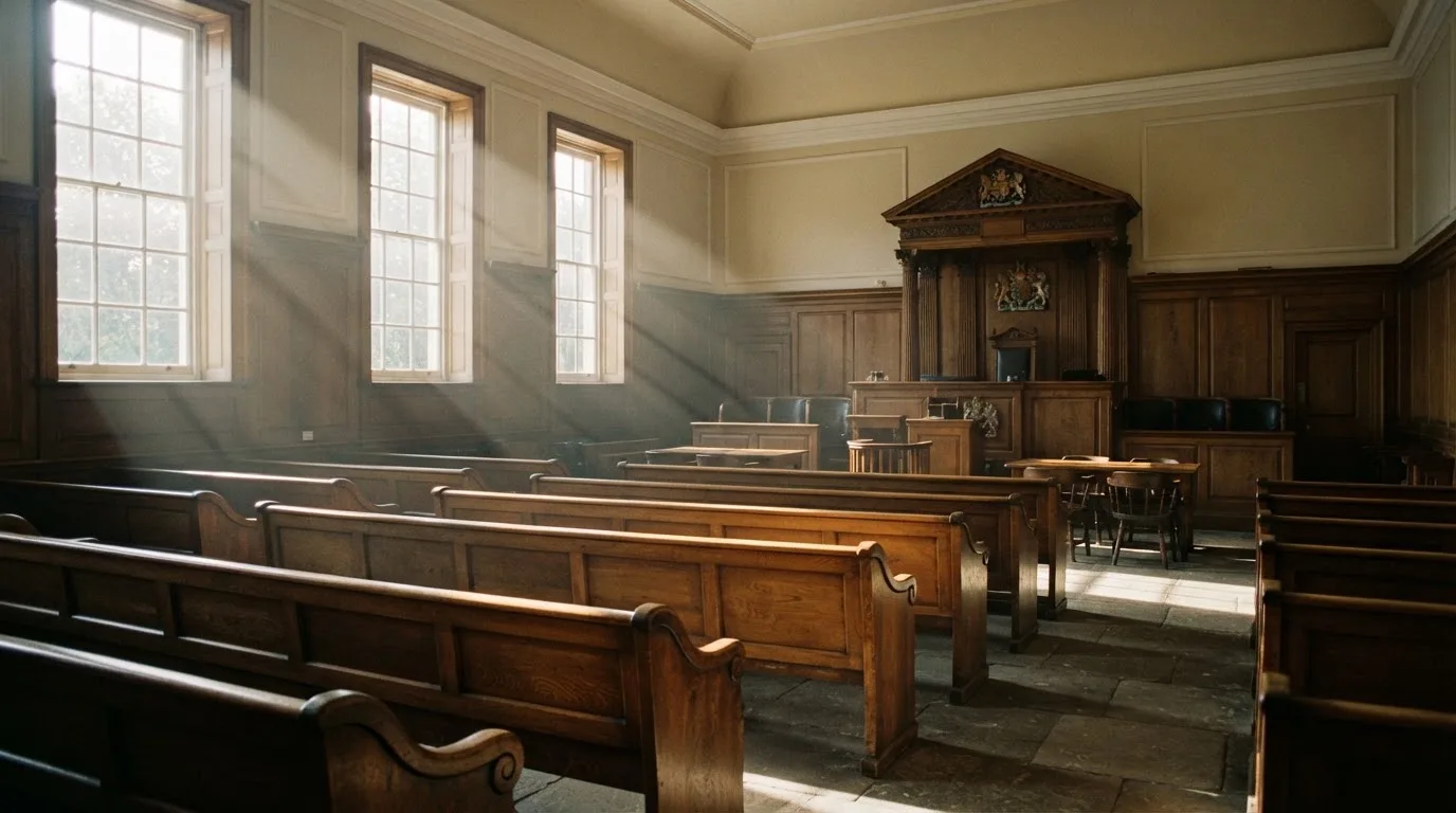 An empty courtroom with wooden benches in morning light