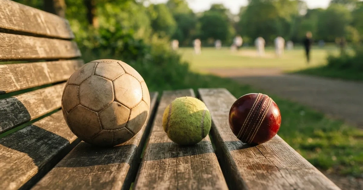 Three balls of different kinds side by side on a wooden bench