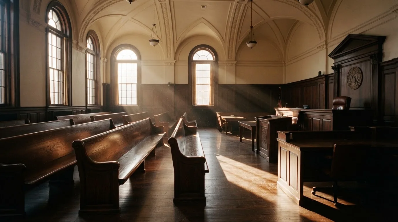 An empty courtroom with wooden benches in morning light