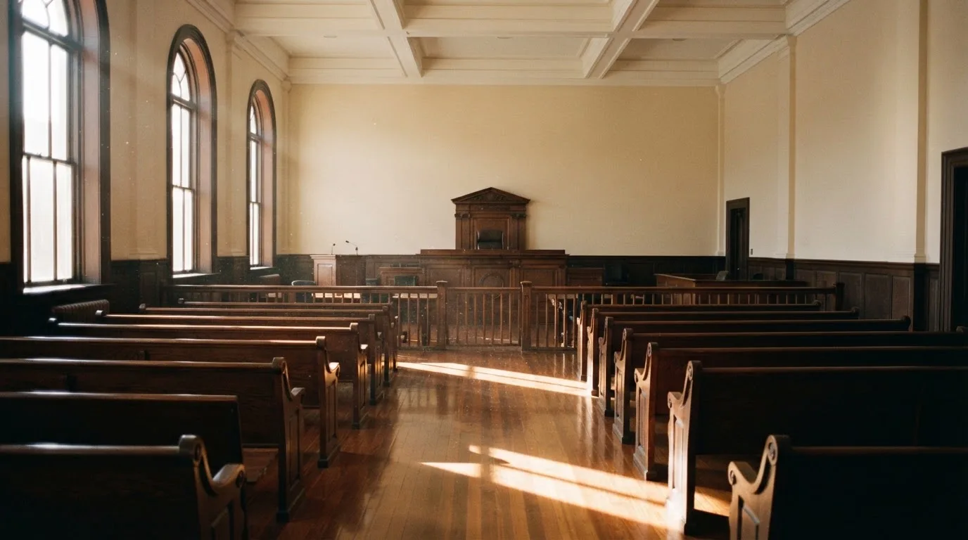 An empty courtroom with wooden benches in morning light