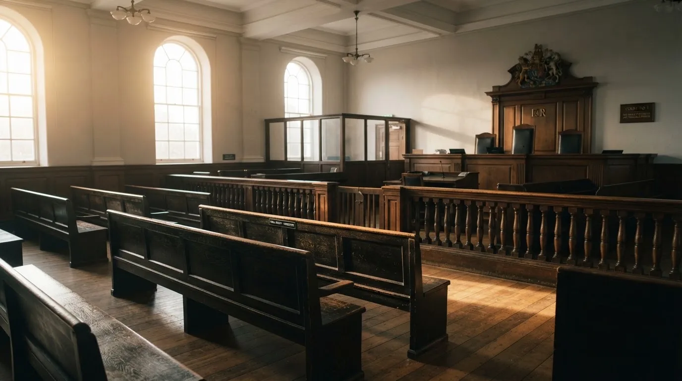 An empty courtroom with wooden benches in morning light