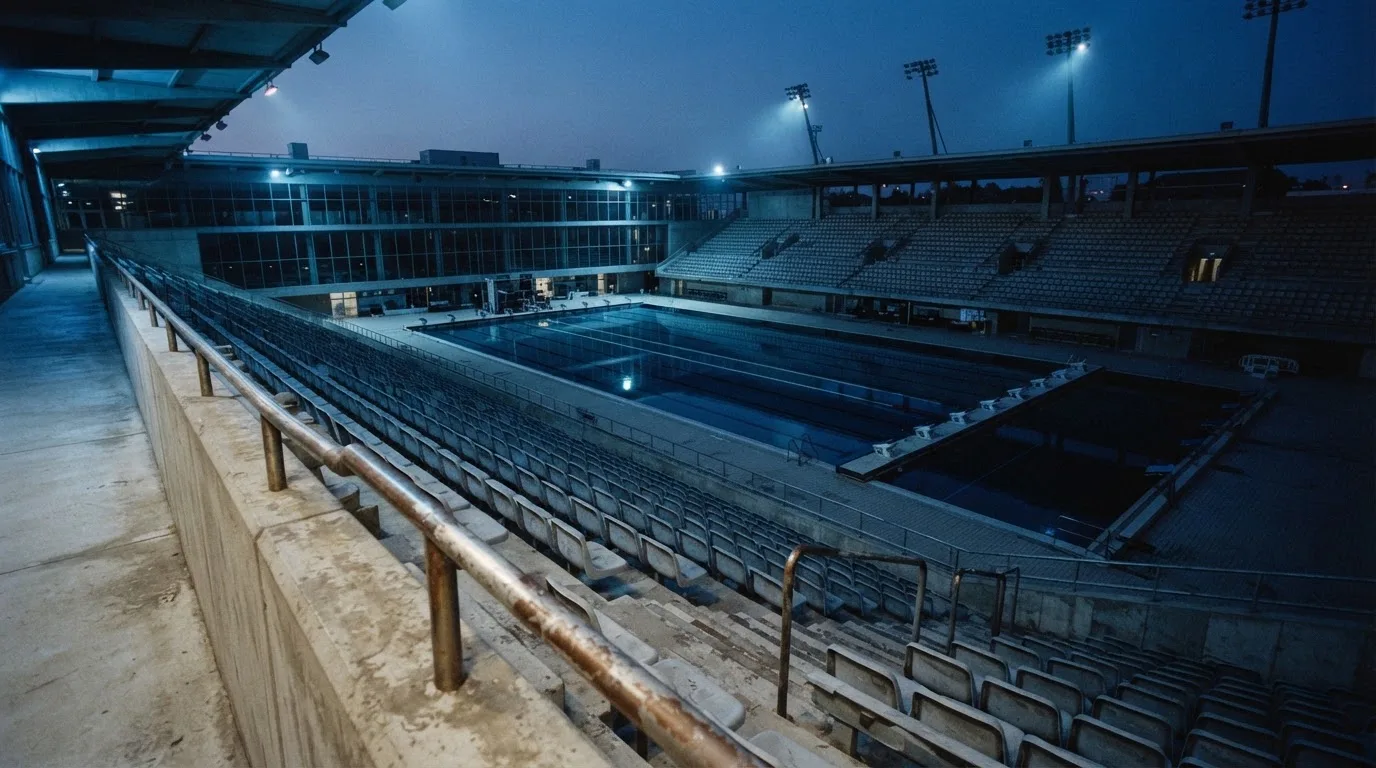 An empty football stadium with floodlight masts at dusk