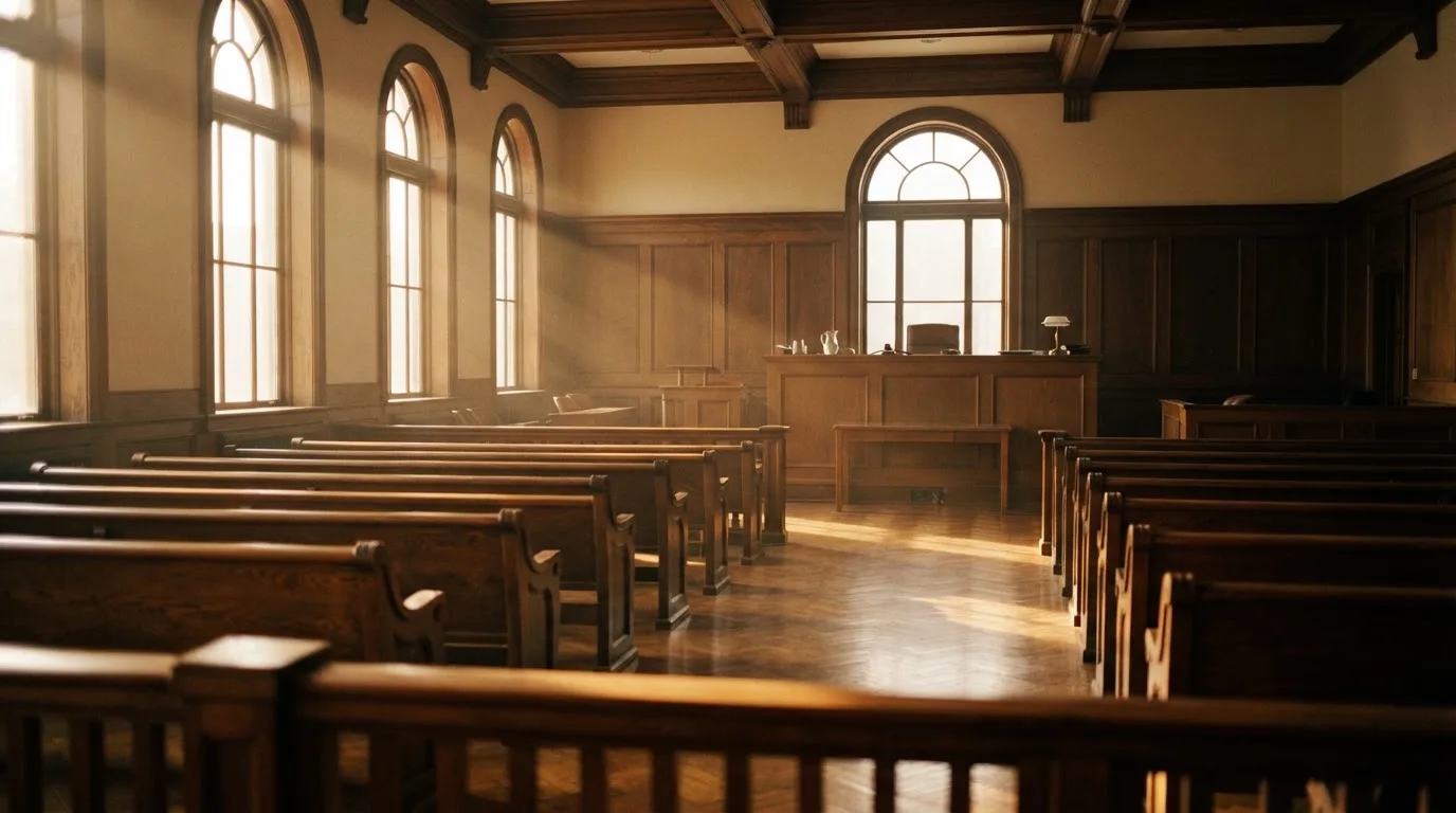 An empty courtroom with wooden benches in morning light