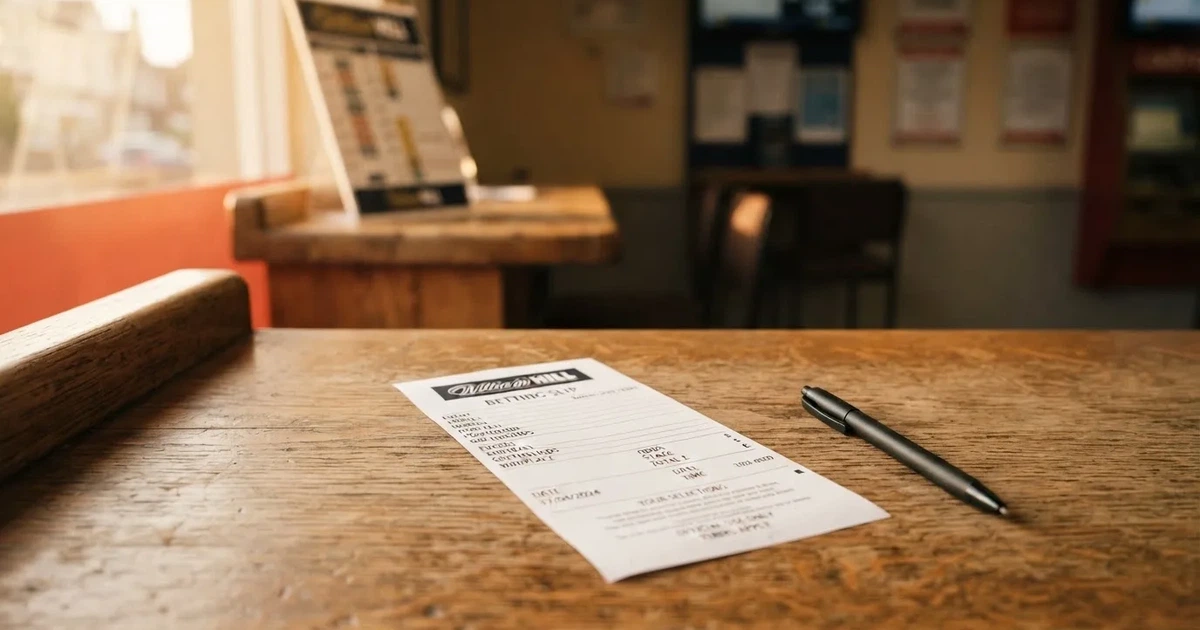 A blank paper betting slip beside a pen on a wooden counter